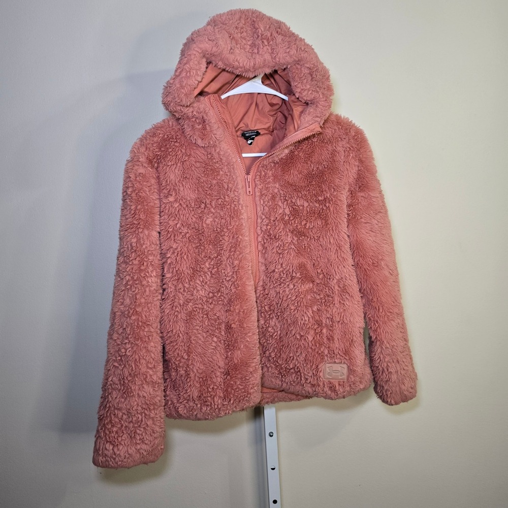 Under Armour Girls Fuzzy Pink Hooded Jacket Fleece Zip Up Outerwear Kids Size YL
